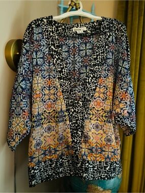 kensie Navy & Orange Dressy Blousy Kimono Top